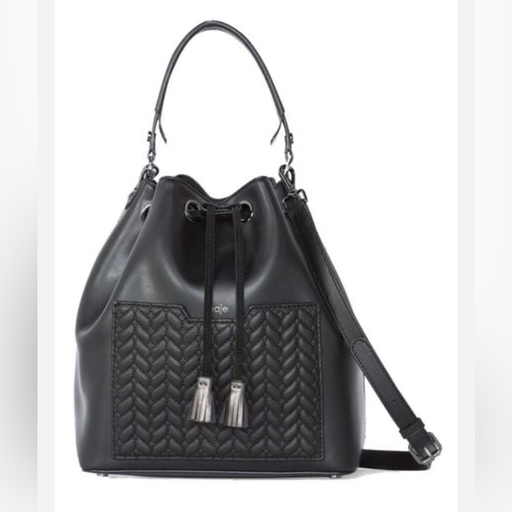 MAJE Saxo Genuine Leather Shoulder Bag Black Quilted Designer Tote